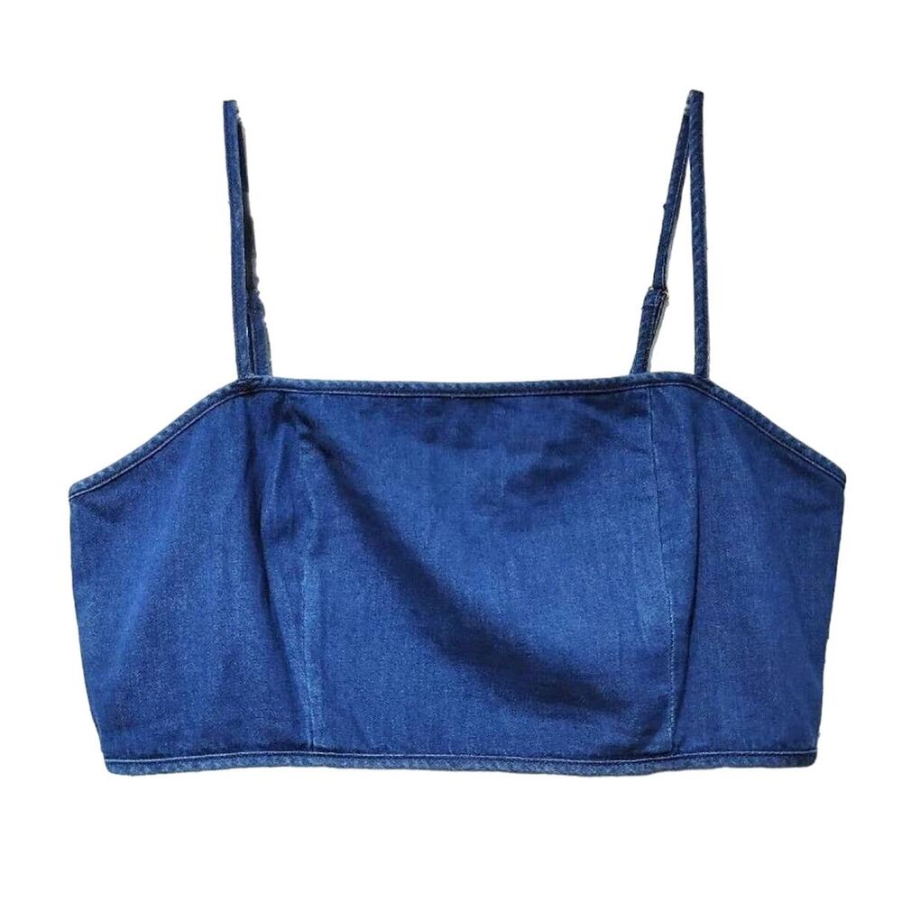 Naked Wardrobe Denim Crop Cami Top Sleeveless Square Neck Dark Blue Womens L